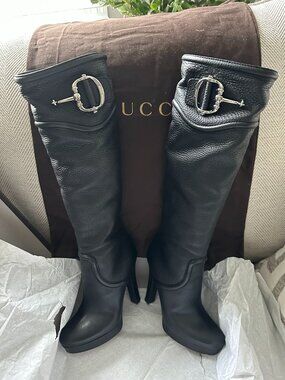 Gucci Black Leather Knee High High Heel Boot with Horsebit